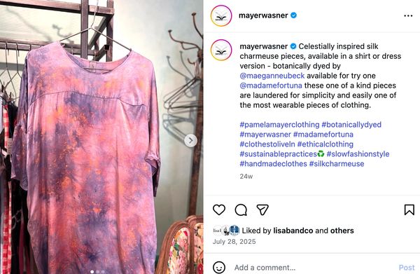 Silk charmeuse shirt with a unique botanical dye pattern in pink and purple hues.