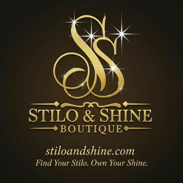 Elegant gold logo for Stilo &amp; Shine Boutique with sparkling effects on a dark background.
