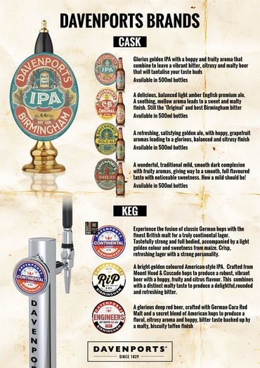 Davenports Brands showcasing cask and keg beers with descriptions and bottle sizes.