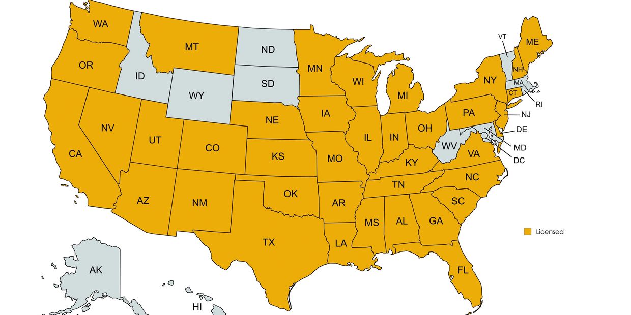 Map showing U.S. states licensed in yellow and non-licensed in gray.