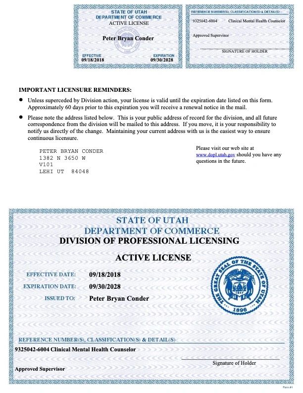 Utah active professional license for Peter Bryan Conder as Clinical Mental Health Counselor.