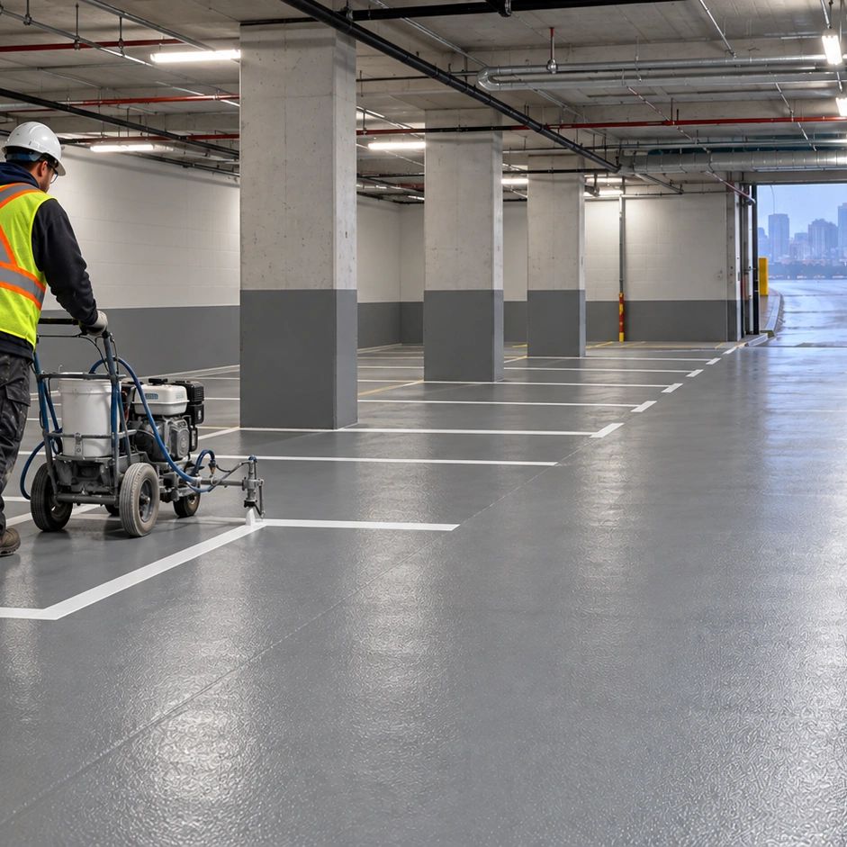 Worker painting lines in an indoor parking garage.