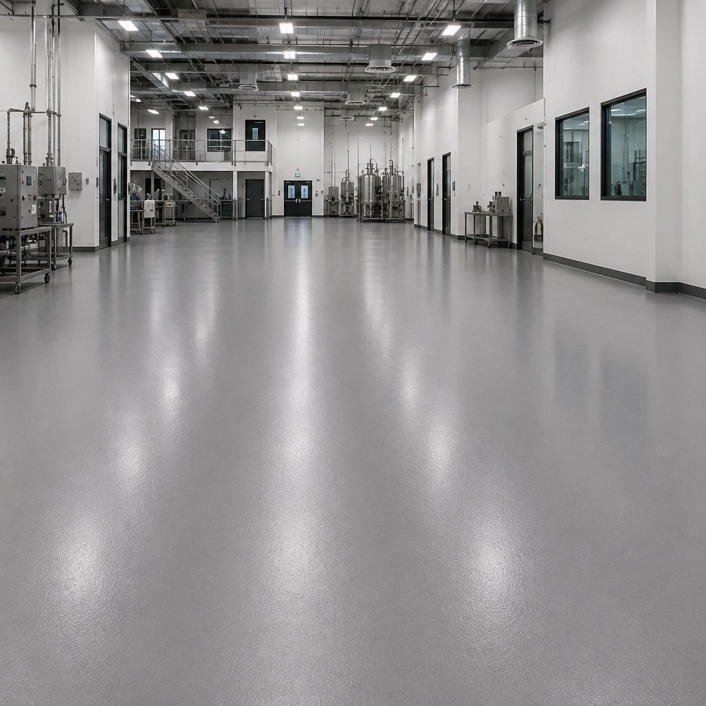 Spacious industrial cleanroom with shiny floors and equipment.