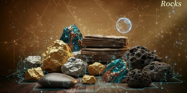 A futuristic display of various colorful rocks with digital overlays and a glowing orb.