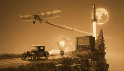 “Collage of 20th‑century inventions including airplane, vintage car, radio, light bulb, and rocket.