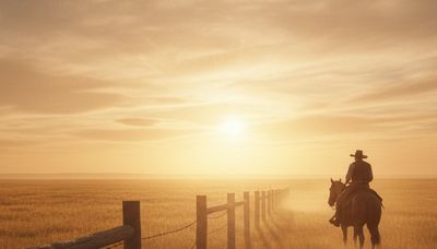 “Lone cowboy rides into a warm sunset beyond barbed wire, symbolizing the end of the open range and 