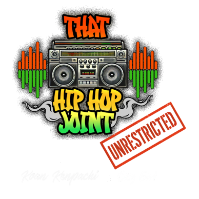 Retro hip hop graphic with boombox and colorful sound waves.