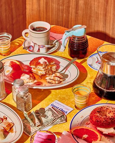 Open All Night 24-Hour Diner. Breakfast, pancakes, syrup, coffee, OJ. prop stylist San Francisco