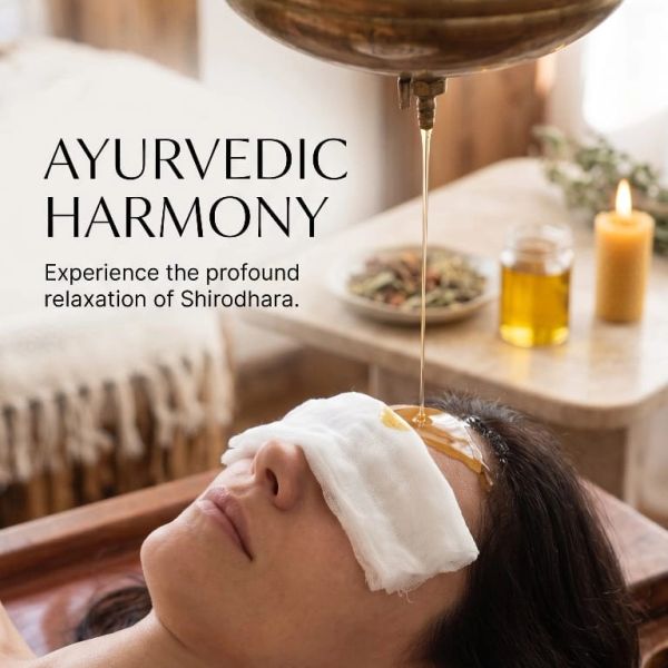 Woman experiencing Ayurvedic Shirodhara therapy.