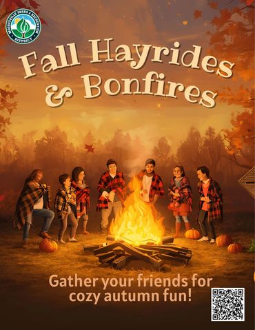Friends enjoy a cozy bonfire surrounded by pumpkins during fall hayrides.