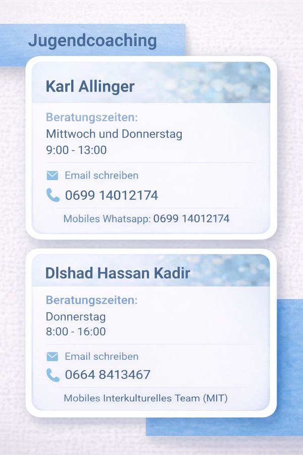 Contact details and consultation hours for youth coaches Karl Allinger and Dlshad Hassan Kadir.