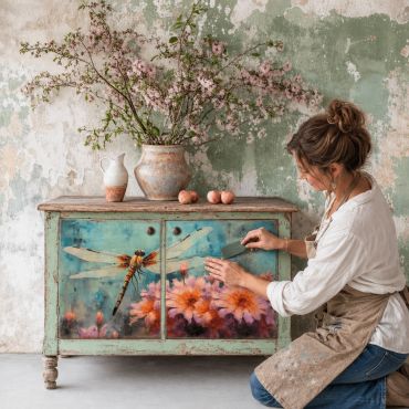 Woman painting a floral dragonfly design on a vintage cabinet.