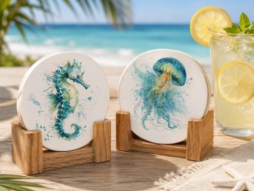 Coasters with watercolor sea creatures on a beach table.