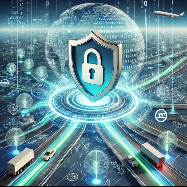 Digital shield over a connected cityscape, symbolizing secure AI systems in transit and aerospace.