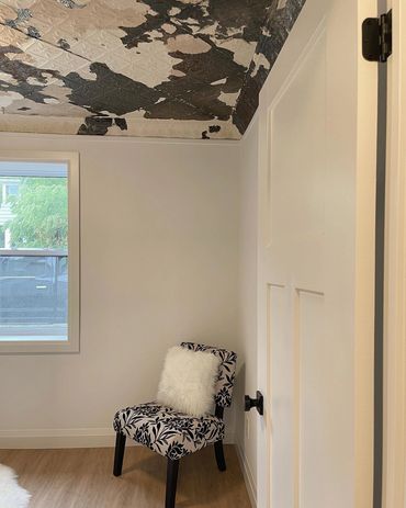 Home office with Reclaimed tin ceilings 