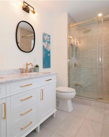 Traditional styling in this remodeled bathroom in the East Ward of Kitchener. Marble counters