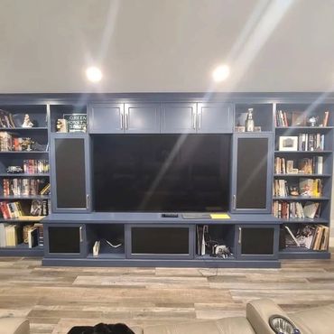 Custom home theater built in's with complete surround system. Built in a basement in Kiwanis Park