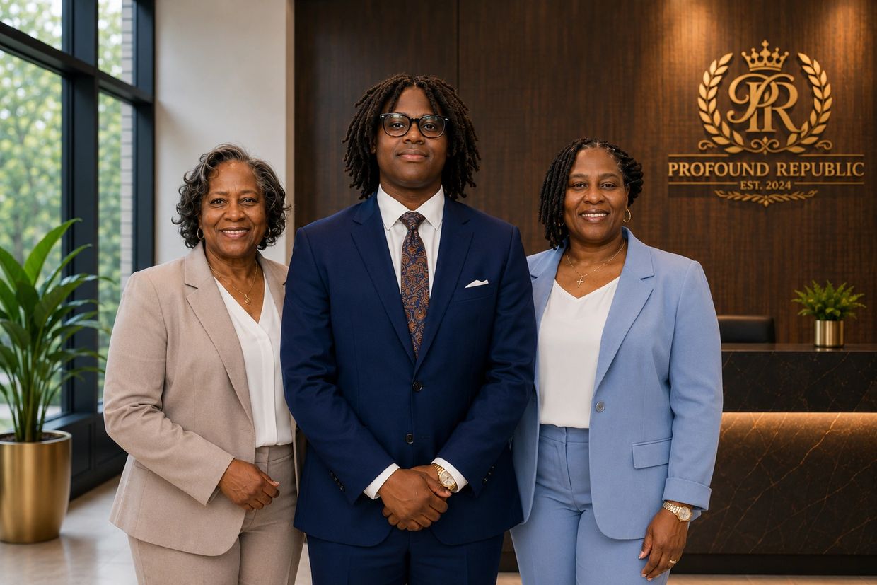 Three professionals in business attire stand confidently in a modern office lobby.