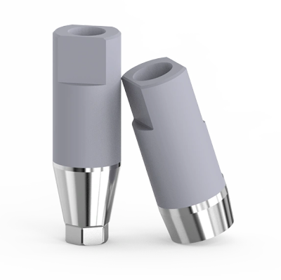Two gray and metallic dental implant abutments.
