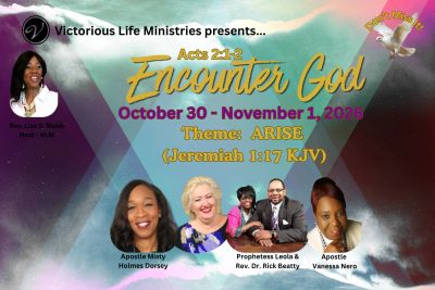 Flyer for 'Encounter God' event by Victorious Life Ministries, Oct 30-Nov 1, 2026.