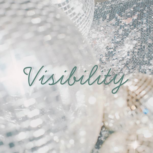 Shimmering disco balls with the word 'Visibility' in elegant script.