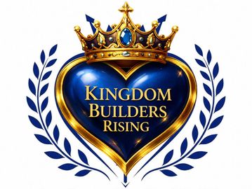A royal blue heart with a golden crown and laurel wreath, reading "Kingdom Builders Rising."