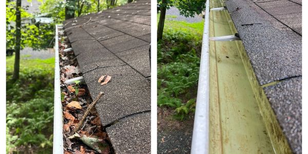 Before and after of a full and clean gutter system.  