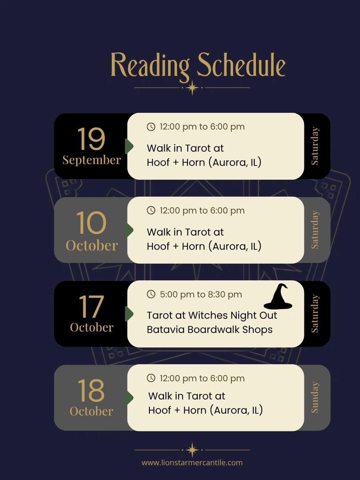 Tarot reading schedule for September and October events.