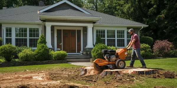 Airo image of a nice home with a stump being grinded.