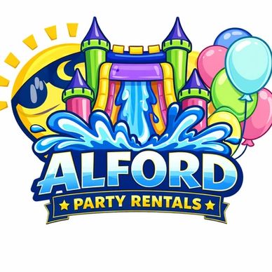 Colorful logo for Alford Party Rentals with balloons and a castle slide.