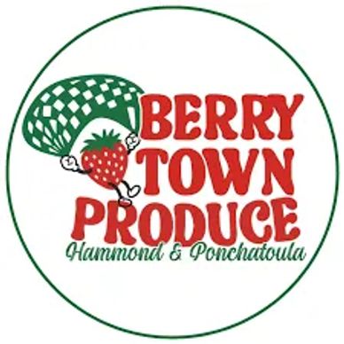 Logo of Berry Town Produce with a strawberry character and parachute.