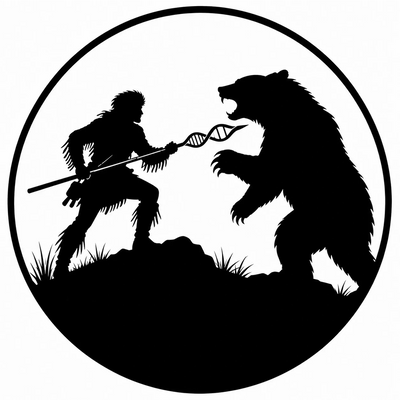 Silhouette of a caveman confronting a bear with a spear shaped like a DNA strand.