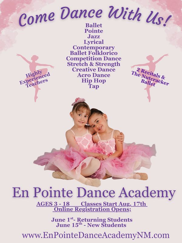 Two young girls in pink tutus promoting En Pointe Dance Academy classes.