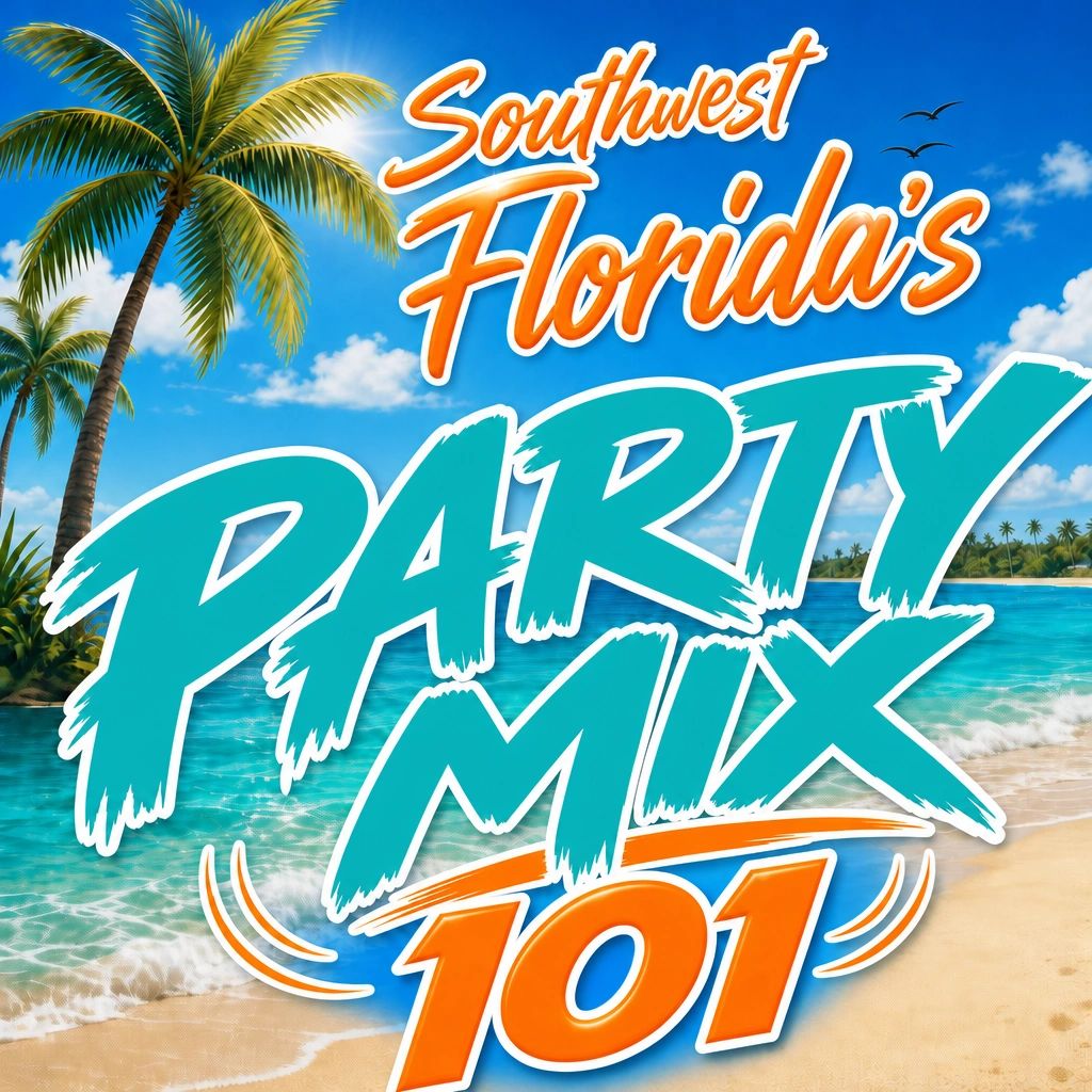 Tropical beach scene promoting Southwest Florida's Party Mix 101.