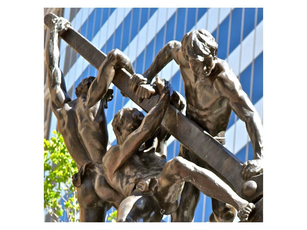 [Bending the moral compass : statue, Lower Market Street, downtown San Francisco (2013). Photo by torbakhopper, under Creative Commons]