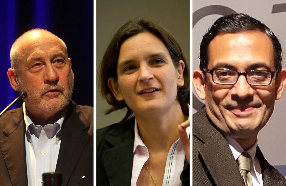 [From left: Joseph Stiglitz, co-author of ‘Measuring What Counts’;  Esther Duflo and Abhijit Banerjee, co-authors of ‘Good Economics for Hard Times’. Image credits: Stiglitz by Fronteiras do Pensamento (CC BY-SA 2.0), Duflo by Centre for Global Development (CC BY 2.0), Banerjee by Financial Times (CC BY 2.0). Images cropped from original?]