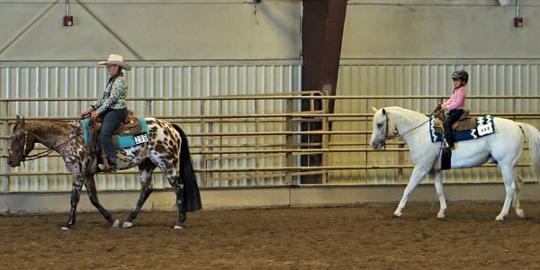 An adult rider and a young child riding in a walk-trot class. 