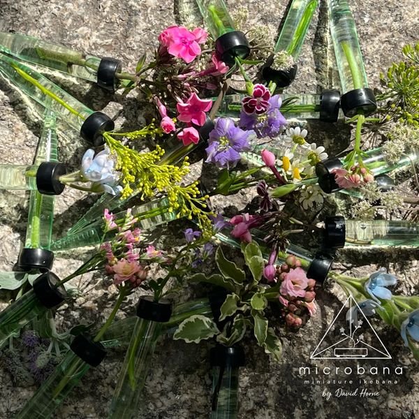 Miniature flowers in small glass vases.