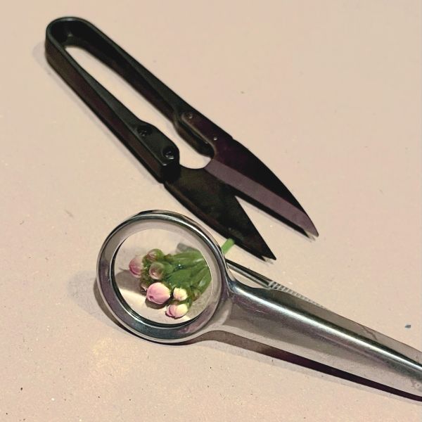 Thread snips and a magnifying glass on a white surface.