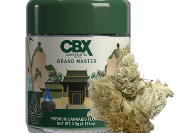 CBX cannabis container labeled Grand Master with cannabis flower.