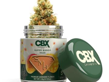 CBX Super Mango Haze cannabis flower in a branded jar with lid.