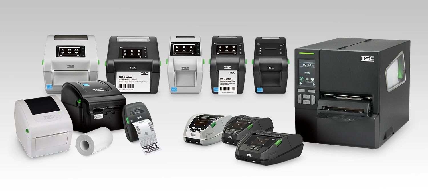 Various TSC barcode printers including desktop and portable models.