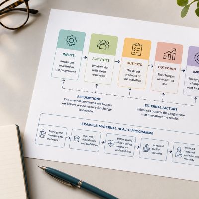 Conceptual illustration representing the development of a Theory of Change for public health programmes, showing the logical pathway from programme planning to long-term impact.