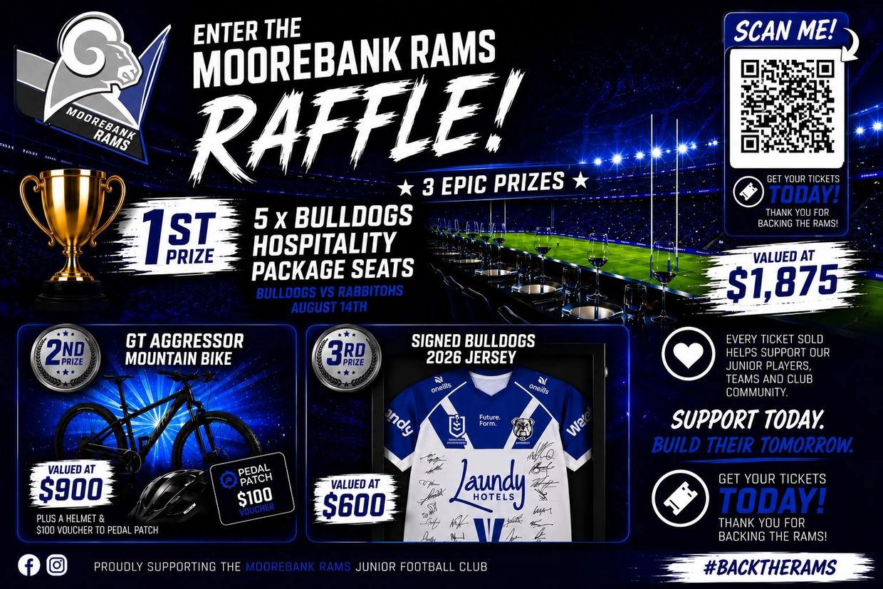 Moorebank Rams raffle with 3 epic prizes including Bulldogs hospitality seats, a mountain bike, and a signed jersey.