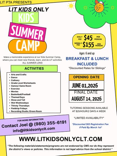 Colorful flyer for Lit Kids Only Summer Camp with activities and contact info.