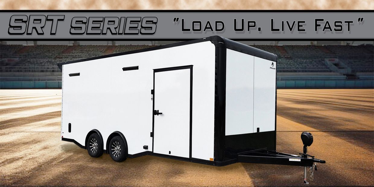 White and black enclosed trailer from the SRT Series with slogan on top.