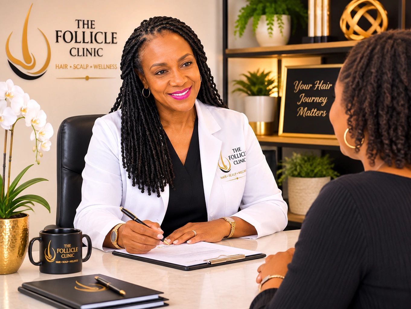 Doctor consulting a patient at The Follicle Clinic.