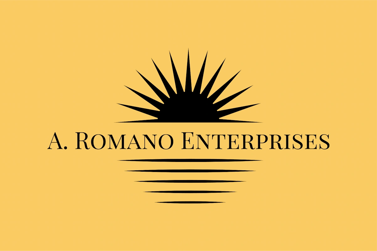 Black sunburst logo with "A. Romano Enterprises" text on a yellow background.
