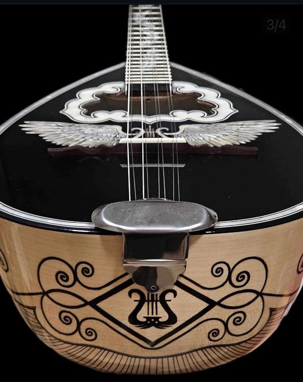 Ornate string instrument with wing and lyre designs on black and natural wood.