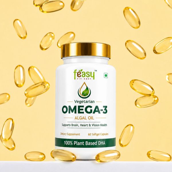 Bottle of vegetarian Omega-3 algal oil capsules surrounded by floating softgels.
